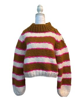 GOGO Chunky Striped Crewneck Sweater - Brown, White & Pink with Gold Star